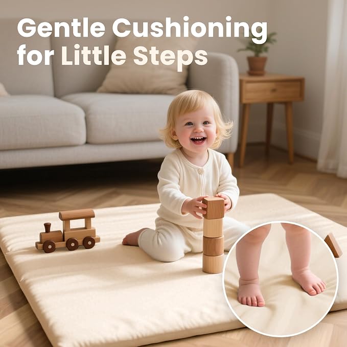 Huloo Sleep Baby Play Mat 47x47 Inches, 1.3" Thick Padded Waterproof Floor Cushion & Playpen Mat with Vegan Leather, Non-Slip & Non-Toxic Nursery Rug for Infants, Toddlers & Kids(Beige)