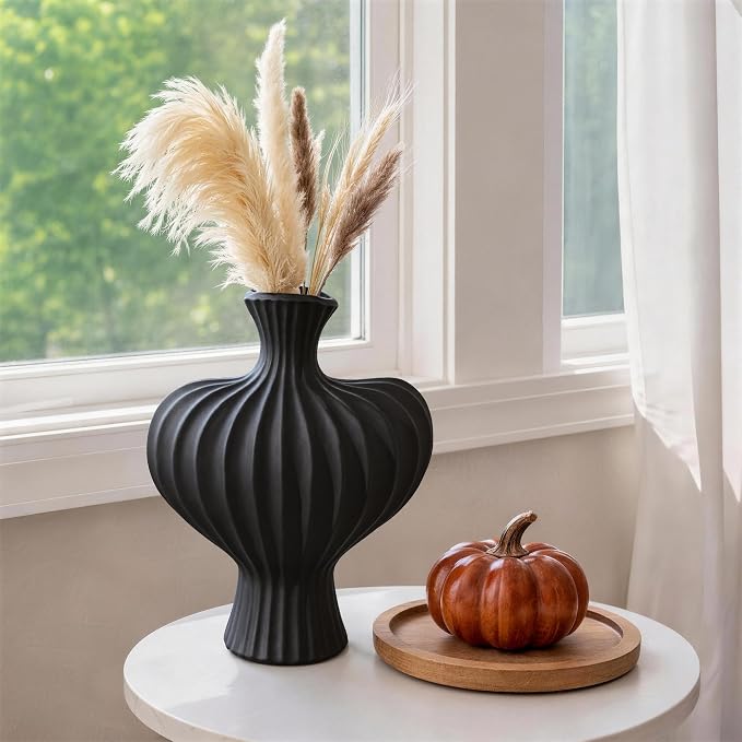 Ceramic Flower Vase Home Decor, 11 in Farmhouse Table Vases Rustic Vintage Living Room Kitchen Bedroom Decorations Pottery Decorative Vases for Flowers House Shelf Coffee Desk Dining Fireplace, Black