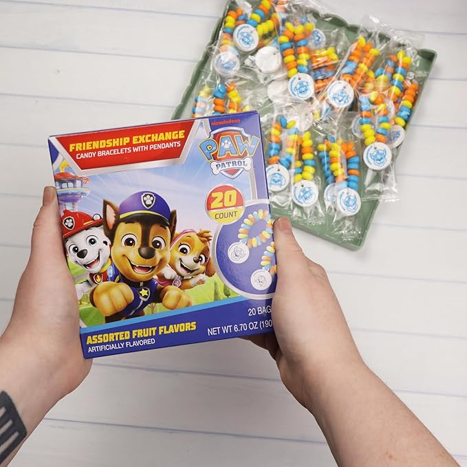 Paw Patrol Candy Bracelets, Edible Jewelry with Character Charms, Individually Wrapped Party Favors, 20 Pieces Inside