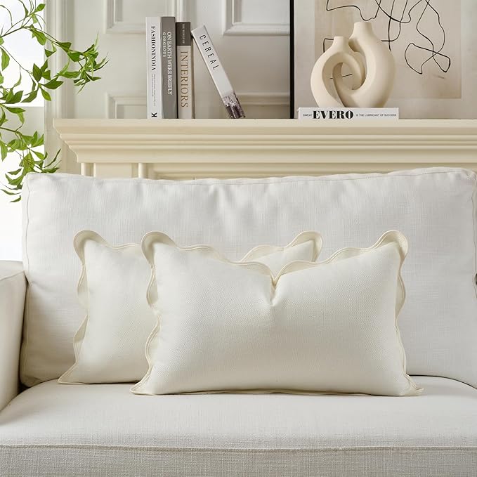 Scalloped Pillow Covers Set of 2 for Living Room | Spring Decorative Sofa Couch Lumbar Pillows | Boho Sytle Decorative Home | Aesthetic Funky Preppy Pillow Cases (Beige & White, 12x20 Inch)