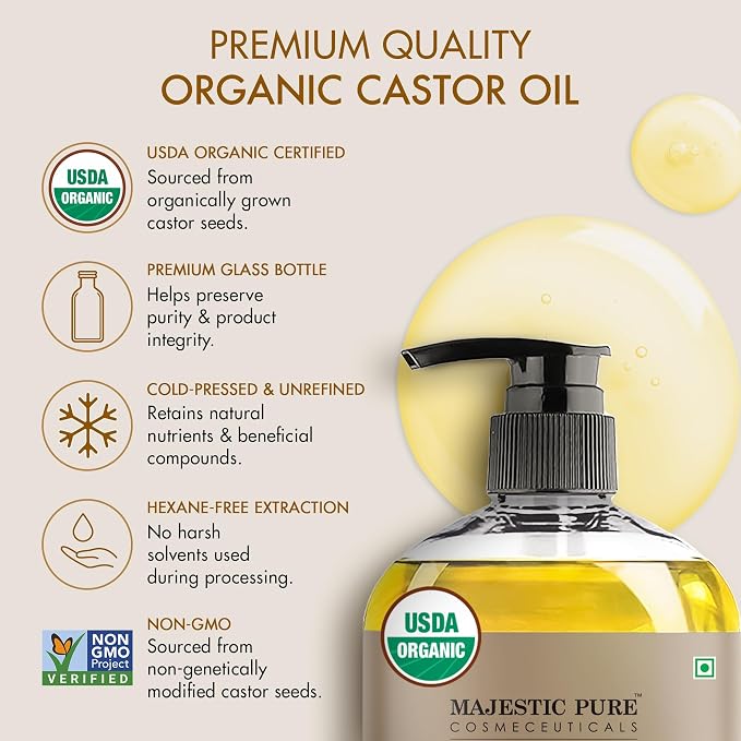 Majestic Pure Oil - 100% Pure and Natural- Cold Pressed & Hexane Free Natural Hair Growth Oil for Eyelashes, Eyebrows, Skin, Body, Face, Nails & Scalp - Organic Castor Oil 8 Fl Oz with Reusable Wraps