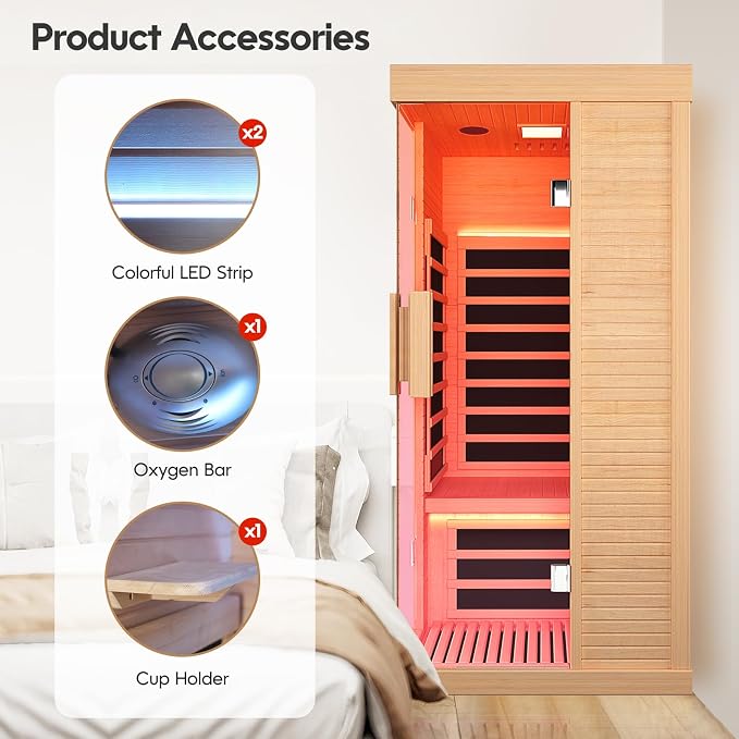 OUTEXER Sauna Room Indoor Far Infrared Saunas Home Canadian Hemlock 1450W Low-EMF Dry Saunas Single Person Spa with 7 Color Therapy 35.4 * 35.4 * 70.9inch