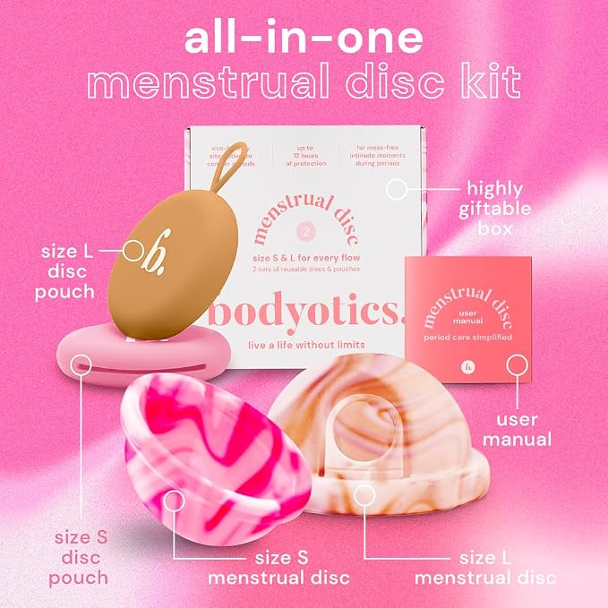 Bodyotics Reusable Menstrual Disc - 2 Pack (S & L), Pink & Beige | Leak-Proof Alternative to Cups, Tampons & Pads for Light or Heavy Flow; Body-Safe Silicone with 12 Hour Wear