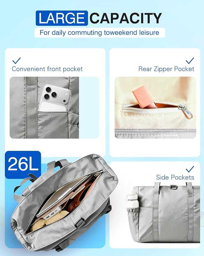 Tote Bag for Women, 26L Capacity Travel Purses Work Bag, Small Zipper Tote Bag for Travel Nurse Gym Teacher