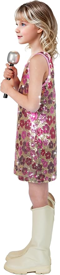Girls Sequin Dress Sparkly Sleeveless Costume Prom Concert Party Outfit with Glitter Microphone Prop