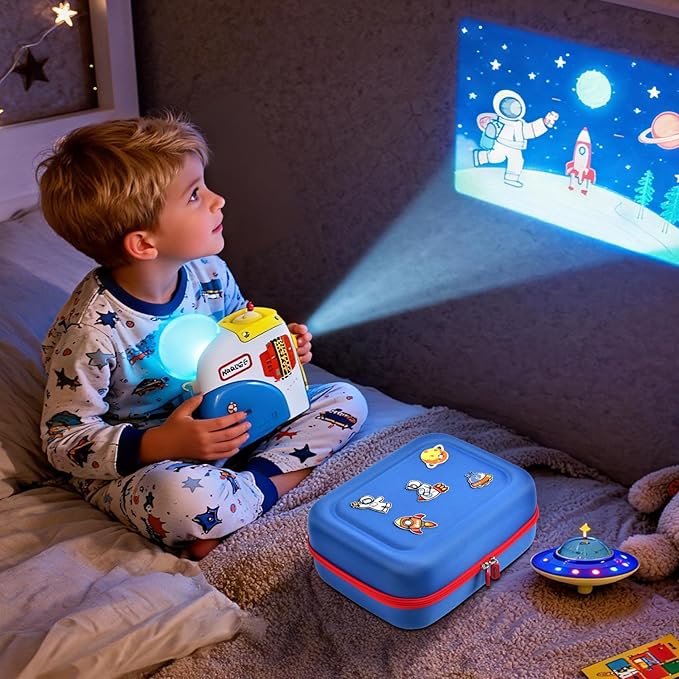 Case Compatible with Little Tikes Story Dream Machine Starter Set, Toys Storage Bag with DIY Embroidery Patches, Organizer for Projector Storytime Books and Audio Character- Blue Space (Box Only)