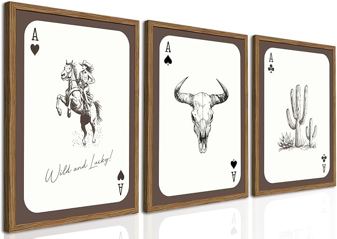 Western Cowgirl Wall Art Set of 3, Vintage Southwestern Wild and Lucky Rodeo Wall Decor Painting, Bull Skull Playing Card Poster Canvas Prints for Living Room Bedroom 12x16 inch Wood Framed