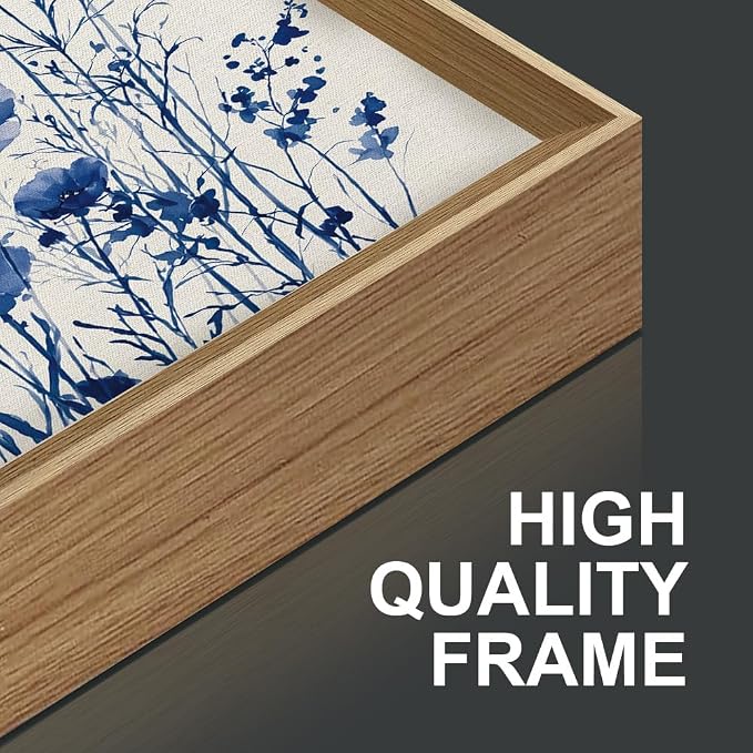FWIEXA Blue White Wildflower Canvas Wall Art Set of 3, Framed Navy Chinoiserie Watercolor Botanical Pictures Wall Decor, Minimalist Floral Paintings Artwork, 16x24In Florals Prints for Living Room, Bedroom, Bathroom
