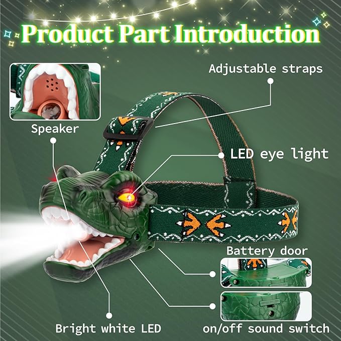 LED Dinosaur Headlamp for Kids, Children's Toy Flashlight T-Rex Dinosaur Toys for Age 3 4 5 6 7 8 9 Years Old Kids, Camping Hiking Gear for Boys Girls