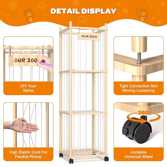 Stuffed Animal Storage: Wood Stuffed Animal Zoo, Stuffed Animal Holder with Mesh Net, Plush Toy Organizer Tube with Brake Wheels, Space Save Stuffed Animal Cage for Kids Room Playroom Nursery Bedroom