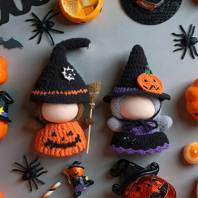 Sumind 2 Sets Halloween Doll Clothes for 17cm Dolls Cute Pumpkin Outfit with Witch Hat Skirt & Broom Accessories Spooky Costume for 6-7 Inch Fashion Dolls Collection(No Doll)