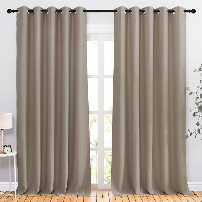 NICETOWN Blackout Taupe Curtains & Drapes 90 inches Long for Bedroom - Noise Reducing Thermal Insulated Grommet Room Darkening Window Treatments for Sliding Glass Door (2 Panels, 66 x 90 Inch)