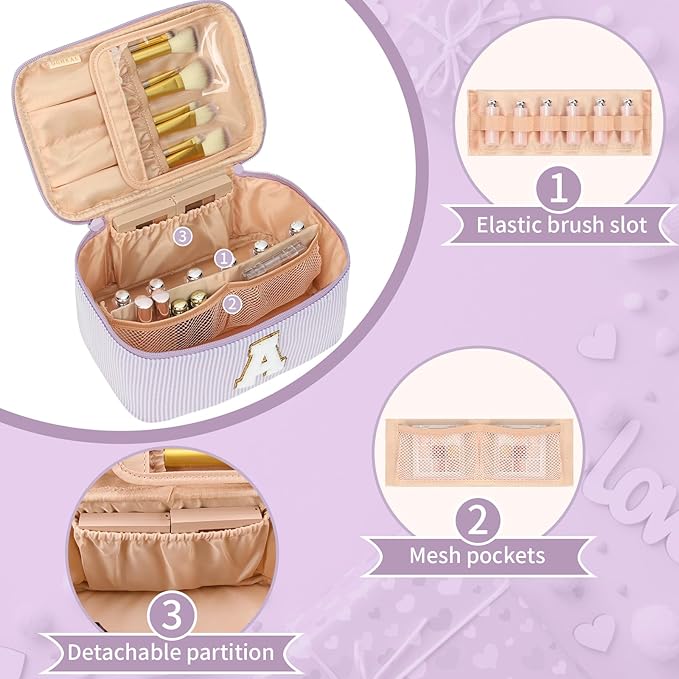 OCHEAL Makeup Bag Valentines Day Gifts for Women, Monogram Cosmetic Bag Purple Travel Makeup Case Beauty Toiletry Bag Organizer Personalized Gifts for Girls Bridesmaid, Sister, Wife, Friends Initial A