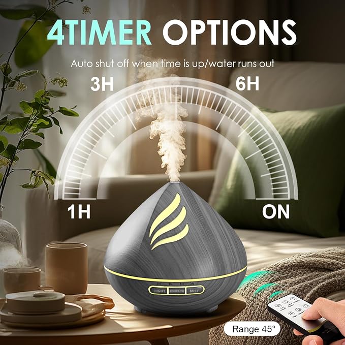 Essential Oil Scent Diffuser: 500ML Aroma Diffuser for Home Bedroom - 14 Colors LED, Remote Control, Ultra-Quiet Cool Mist Scent Diffuser with Timer for Family - Grey