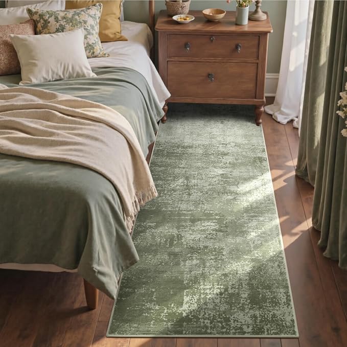 2x6 Ft Washable Runner Rug, Non-Slip Low Pile Hallway Kitchen Area Rug, Soft Long Entryway Floor Mat Abstract Pattern Carpet for Bedside & High-Traffic Areas (Green)