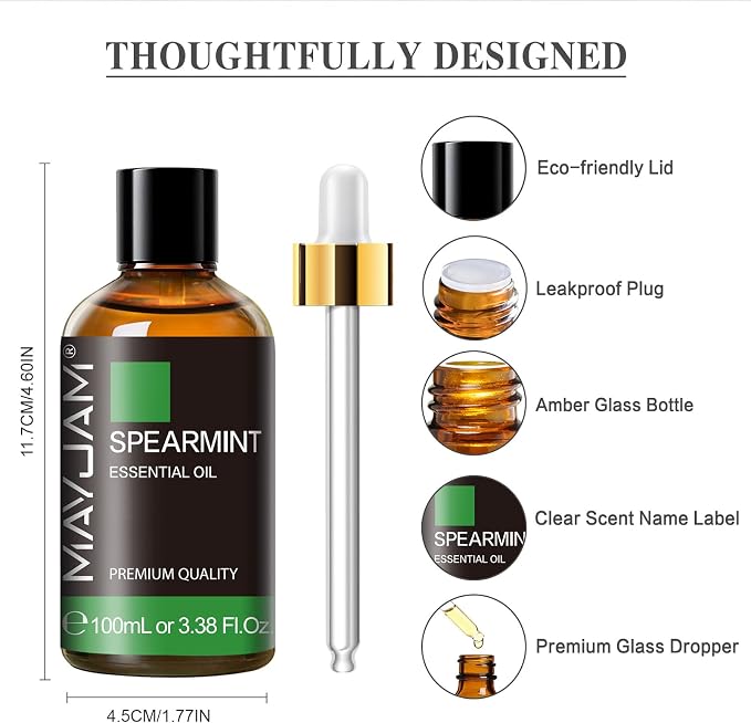 Spearmint Essential Oil, MAYJAM Pure Essential Oils for Diffusers, 3.38FL.OZ/100ML Large Volume Spearmint Oil for Facial Hair with Premium Glass Dropper