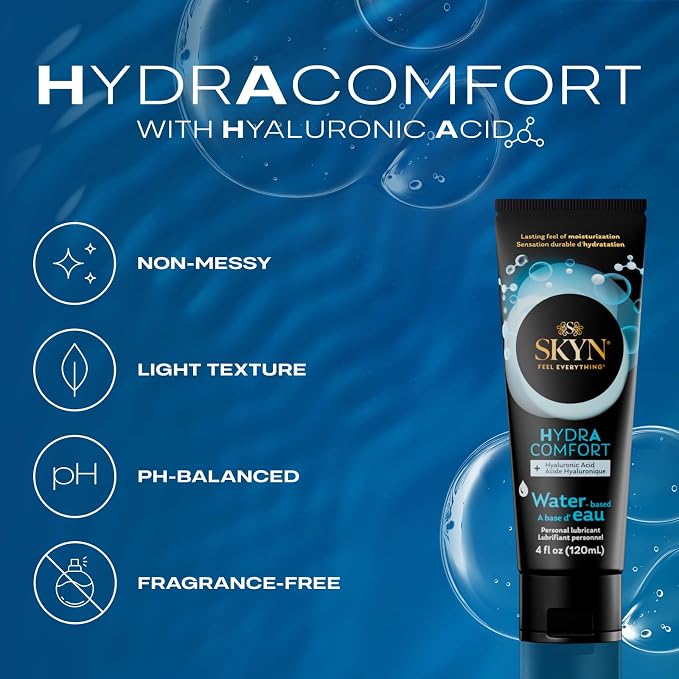 SKYN HydrAcomfort Premium Water-Based Lubricant with Hyaluronic Acid – 4 oz– Long-Lasting Moisturizing Formula, Non-Sticky & Easy Wash-Off – Universal Condom & Toy Compatible Lube
