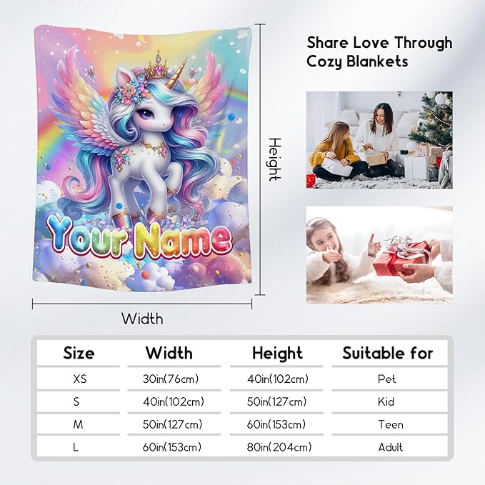 Unicorn Blankets - Custom Girls Gifts - 4 Sizes Cute Throw for Kids - Cozy Soft Fleece Blanket for Couch Bed