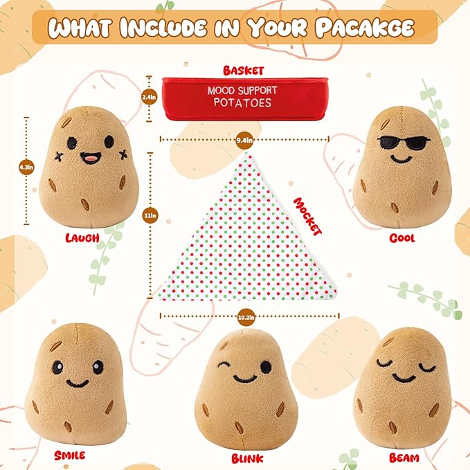 Mood Support Plush Potatoes Bundle: 5 Adorable Stuffed Potatoes in Basket, Emotional Wellness Stuffed Animals Toys, Stress Relief Sensory Toys for Adults & Kids Gift for Christmas/Birthday
