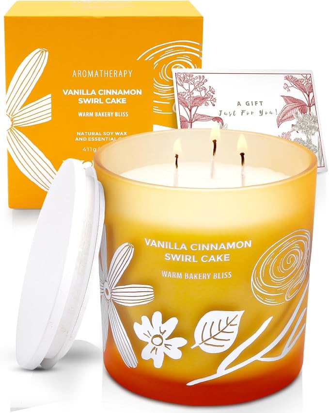 Vanilla Cinnamon Swirl Cake Candle | Large 3 Wick Scented Soy Candle for Home | 14.5oz Cinnamon Sugar Vanilla Bakery Candle | Warm Cake Batter Candles | Long Lasting Clean Burn | Gift for Women & Men