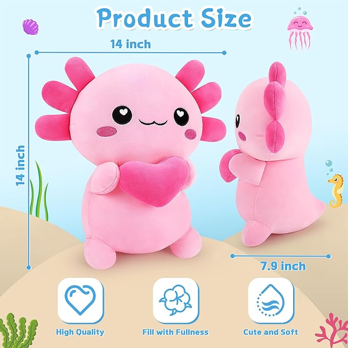 Achwishap Axolotl Plush,Axolotl Stuffed Animal Plush Toys,14” Salamander Plushie,Cute Plushies Soft Newt Plushy Kawaii Plushies Huggging Pillow,Cuddly Animal Body Pillow for Birthday(Pink)