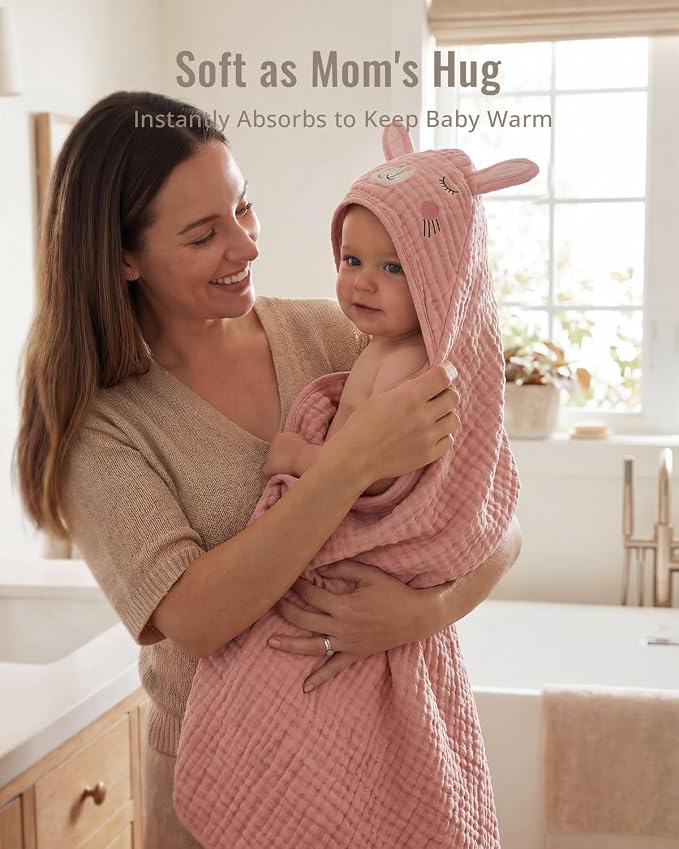 Blissful Diary Muslin Baby Hooded Towel 1 Pack, Soft & Absorbent Bath Towel for Baby Girls, Infant Gift, Newborn Essentials, Sweet Bunny