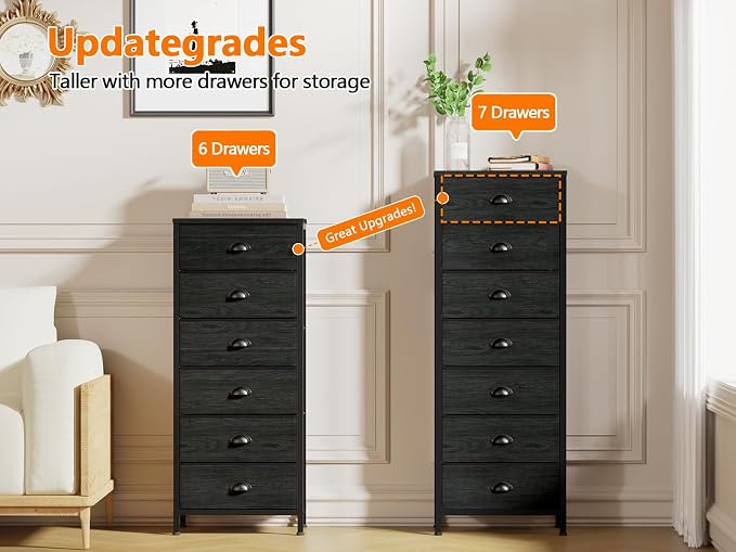 Black Bedroom Dresser, Tall Chests of Drawers with 7 Fabric Bins | Sturdy Steel Frame, Wooden Top, Organizer in Closet, Tall Nightstand for Dorm, Living Room, Hallyway-Storage Tower Unit
