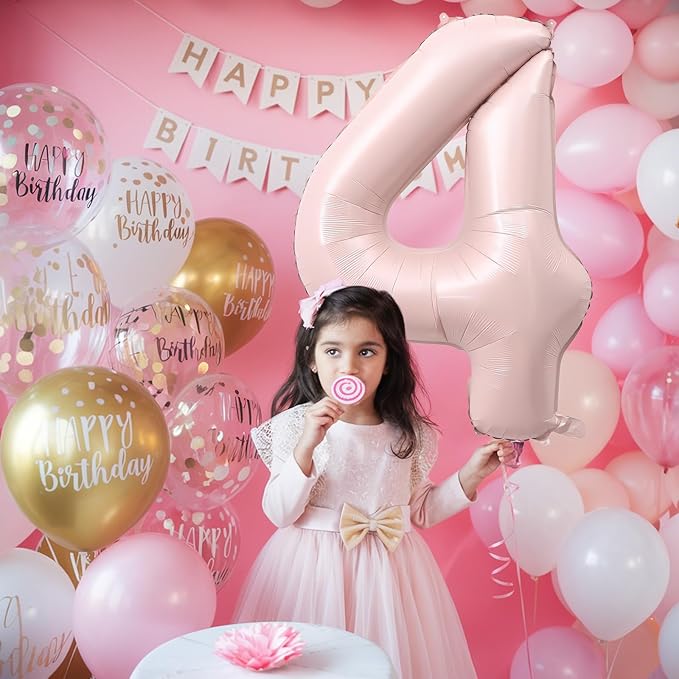 Foil 4 Balloon, Dusty Light Pink Big Number 4 Balloons for Girls Birthday Party Decor, 40'' Self Inflating Number Four Pastel Blush Baby Pink Balloon for Kids 4th Birthday Party Anniversary Decoration