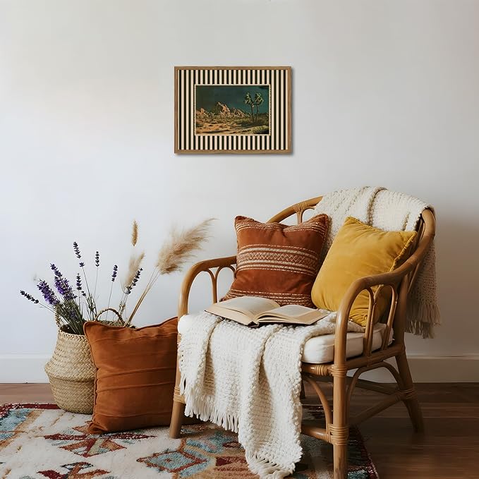 Vintage Western Cactus Wall Art, Southwestern Night Desert Wall Decor Paintings Mid Century Nature Striped Landscape Canvas Prints Artwork for for Living Room Bedroom 16x24 inch Framed