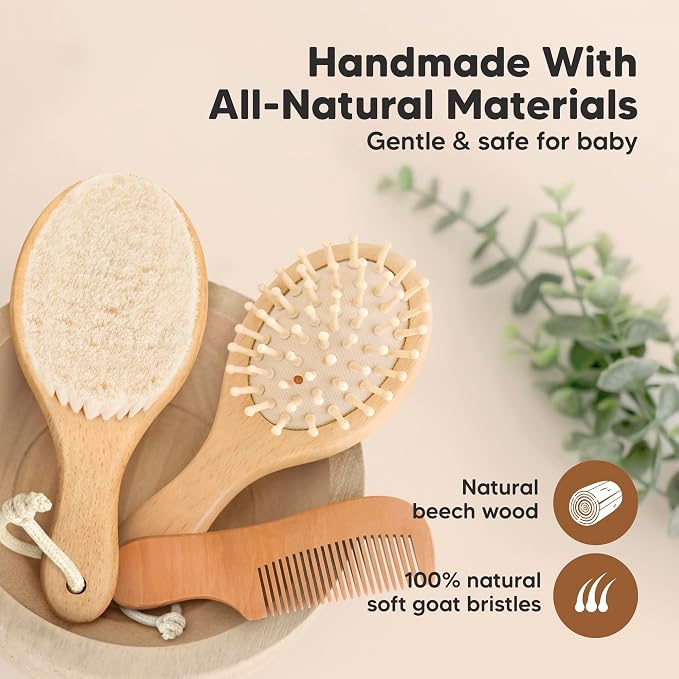 Wooden Baby Hair Brush Set for Newborns, Toddlers - Soft Goat Bristle Baby Brush and Comb Set Newborn Grooming Kit for Cradle Cap Care, Durable & Gentle, Boy, Girl Infant Essentials (Petite, Walnut)