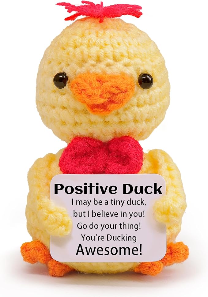 Mini Funny Positive Duck, Knitted Wool Duck Toy with Positive Card - Creative Cute Crochet Doll Emotional Support Cheer Up Keepsake Gift for Friends, Student, Christmas