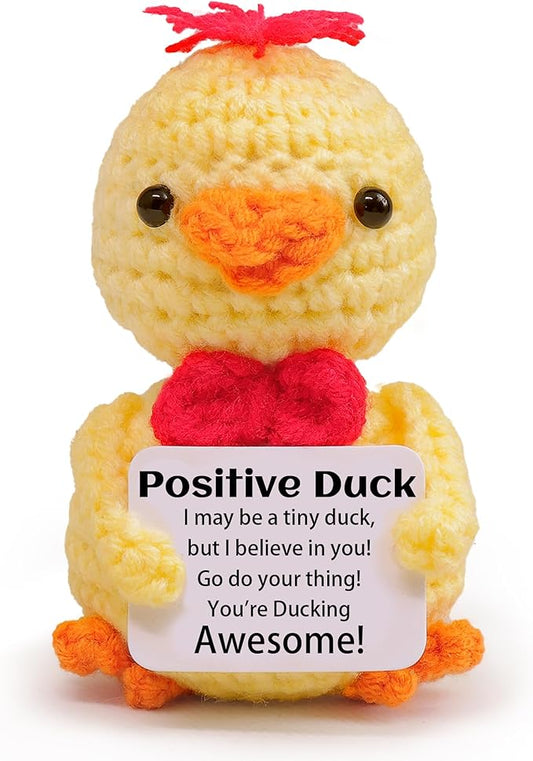 Mini Funny Positive Duck, Knitted Wool Duck Toy with Positive Card - Creative Cute Crochet Doll Emotional Support Cheer Up Keepsake Gift for Friends, Student, Christmas