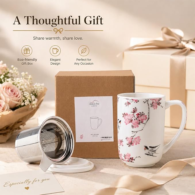 AmorArc Porcelain Tea Mug with Infuser and Lids, 18 Oz Coffee Cup Strainer with Bag Holder for Loose Leaf Tea, Steeping Coffee Mug for House-warming Wedding Birthday Gift