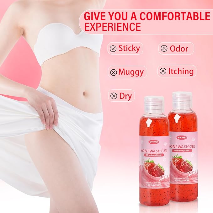 2 PCS Yoni Wash, Natural Feminine Wash for Women Ph Balance, Yoni Body Wash Soap Vaginal Wash Gel for Intimate Moisturizing Deodorant Remove Odor, Strawberry Scent