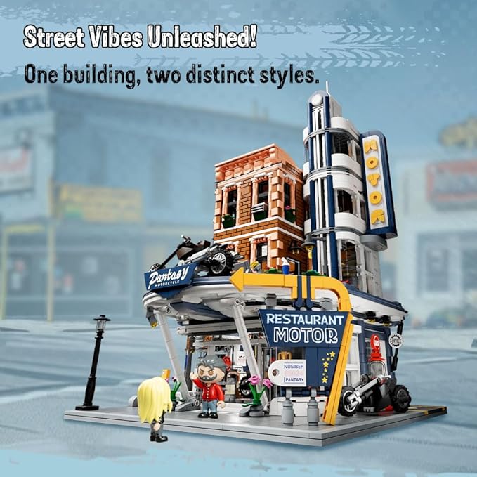 Retro Motorcycle Diner & Bar Building Set - Modular Street Corner Architecture Kit with Interactive Doors, Openable Walls, 4 Motorcycles & 5 Exclusive Minifigures for Display & Play