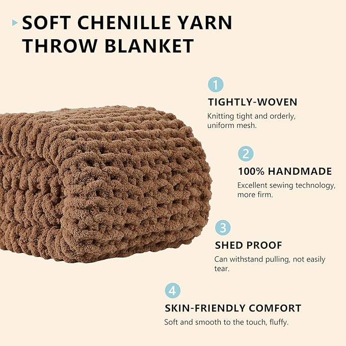 L'AGRATY Chunky Knit Throw Blanket for Couch, 50'' x 60'' Knit Throw, Brown | Handmade Chenille Crochet Blanket for Sofa Bed, Thick Cable Knitted Blankets for Room Home Decor, Birthday Gift for Women Mom
