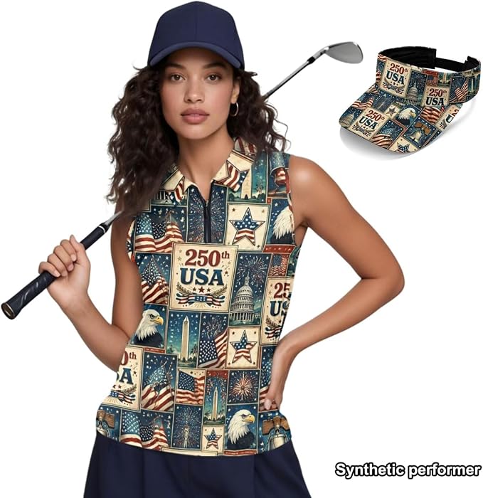 POLERO Golf Tank Top Women Golf Shirts and Visor Hat Collared Racerback Tennis Shirt Set Quarter Zip