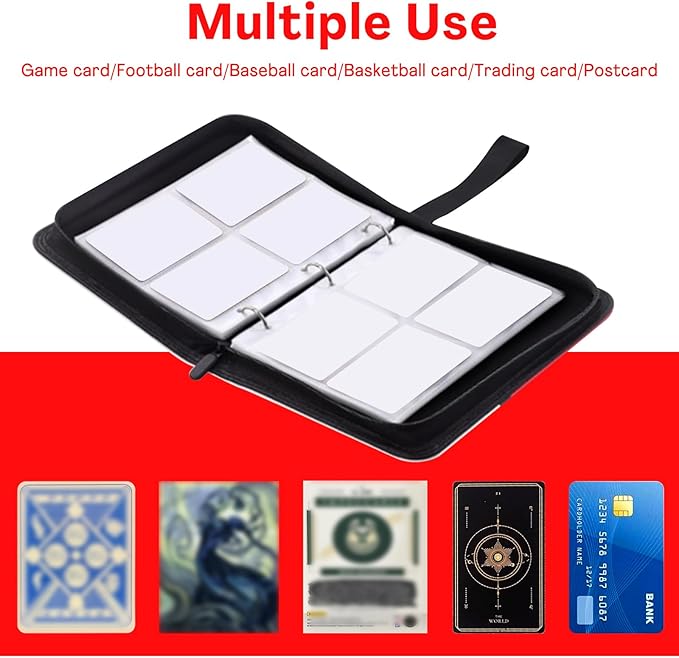 Card Binder with 4 Pockets with Zipper for 50 Pages, 400 Removable Pocket PU Waterproof Trading Collection Binder, 3 Rings Zipper Portable Card Album for MTG TCG Sports Cards Game Cards as Gift, Red