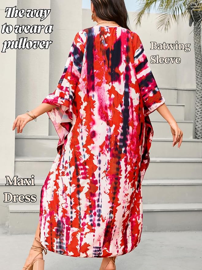 ChiaoLezhee Print Moo-Moos for Women, Kaftan Cover-Up Dresses, Sexy V-Neck High-Slit, Beach Pool-Party Coverups Muumuu Plus