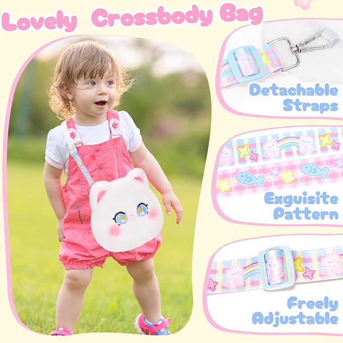 Plush Cat Bag Kids Handbag Crossbody Bag with Zipper and Adjustable Strap,Soft Plush Kitty Stuffed Purse Birthday Gift for Toddlers Kids