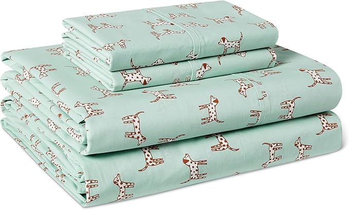 Amazon Basics 100% Organic Cotton Kids' Sheet Set with Pillowcase, Deep Pockets, Gets Softer with Each Wash, Queen, Spotted Dogs, Oeko-TEX Certified