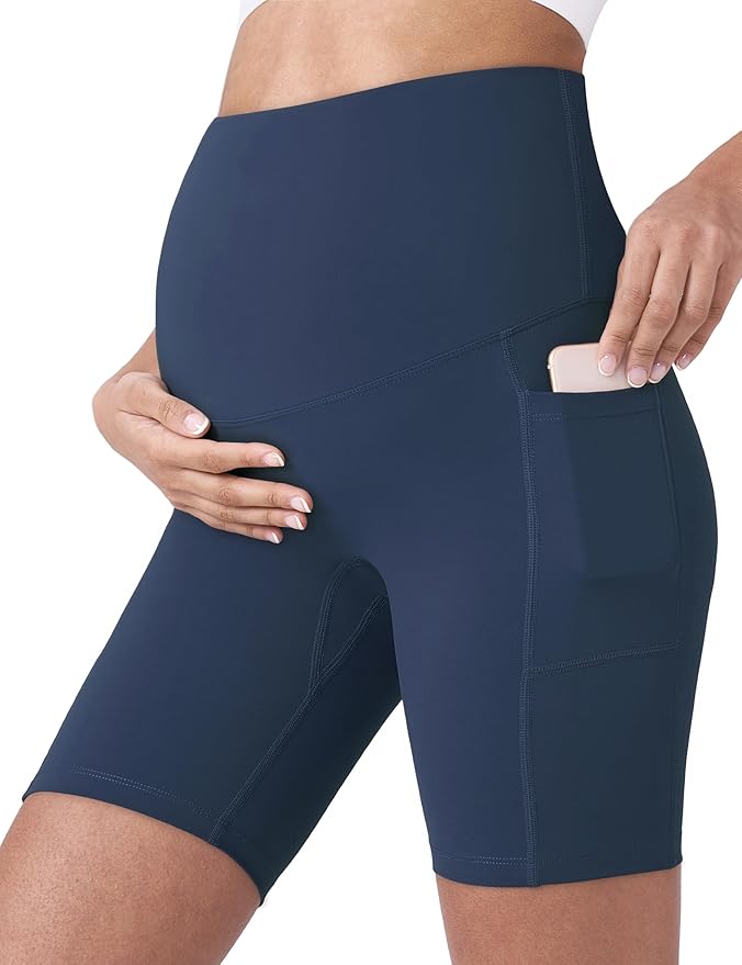 POSHDIVAH Women's Maternity Yoga Shorts Over The Belly Bump Summer Workout Running Active Short Pants with Pockets 5"/8"