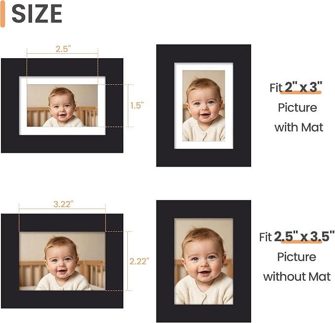 upsimples 2.5x3.5 Picture Frame, Display Pictures 2x3 with Mat or 2.5x3.5 Without Mat, Wall Hanging Photo Frame, Black, 1 Pack