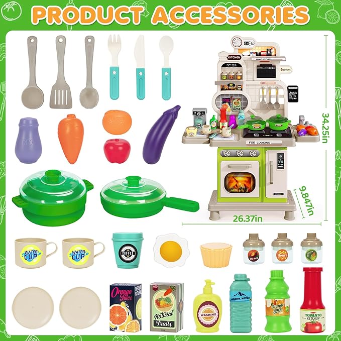 Kids Play Kitchen Set, Toddler Kitchen Playset with Light & Sound, Cooking Stove, Play Sink, Coffee Maker, Play Food Toy and Kitchen Accessories, Kitchen Toy for Kids Girls Boys - Green