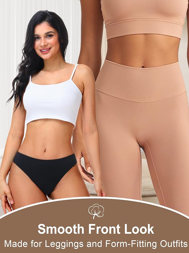 HONENNA Cotton Seamless No Show Thongs for Women, Smooth Front, Invisible Panty Liners Underwear, 1-2 Pack, Workout Panties