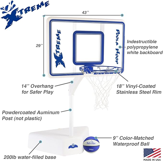Dunn-Rite Splash & Shoot Outdoor Adjustable Height Swimming Pool Basketball Hoop w/Ball, Base, & 18 Inch Stainless Steel Rim for Adults & Kids, Choose Clear or White (Clear Xtreme Blue)