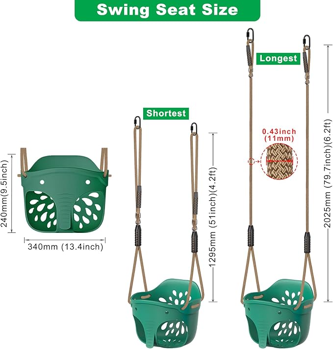 SELEWARE High Back Full Bucket Toddler Swing Seat, Heavy Duty Toddler Swing Set Accessories, Soft Plastic Elephant Baby Swing with Adjustable Rope & Locking Carabiners for Outdoor Playground, Green