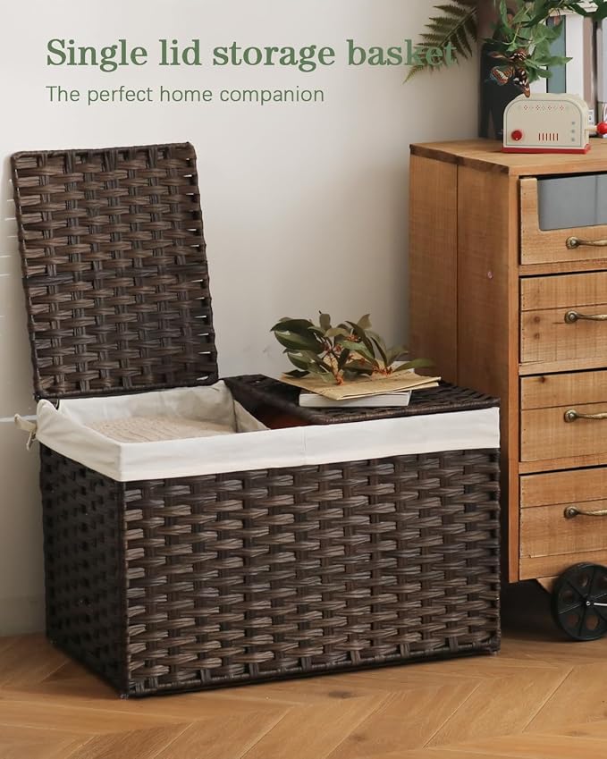 SETVSON Storage Basket with Lid PE Rattan Storage Basket 105L, Brown | 27.8 Gal Storage Bin with 2 Separate Lids, 2 Removable Liners for Clothes & Blankets, Sturdy Metal Frame, PE Rattan