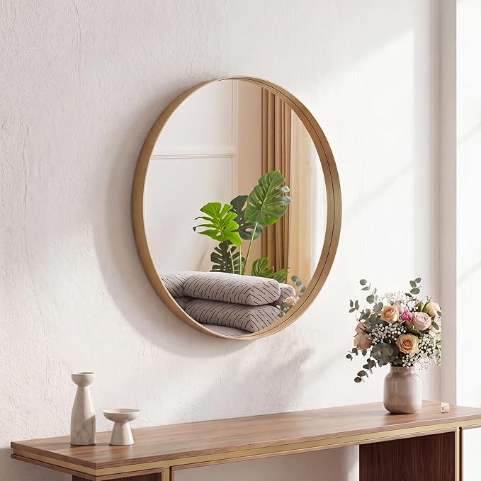 Sweetcrispy Bathroom Round Mirror for Over Sink, 20 Inch Wall Circle Mirror with Matte Metal Frame, Modern Wall Mount Vanity Mirrors for Home Decor, Living Room, Bedroom, Gold
