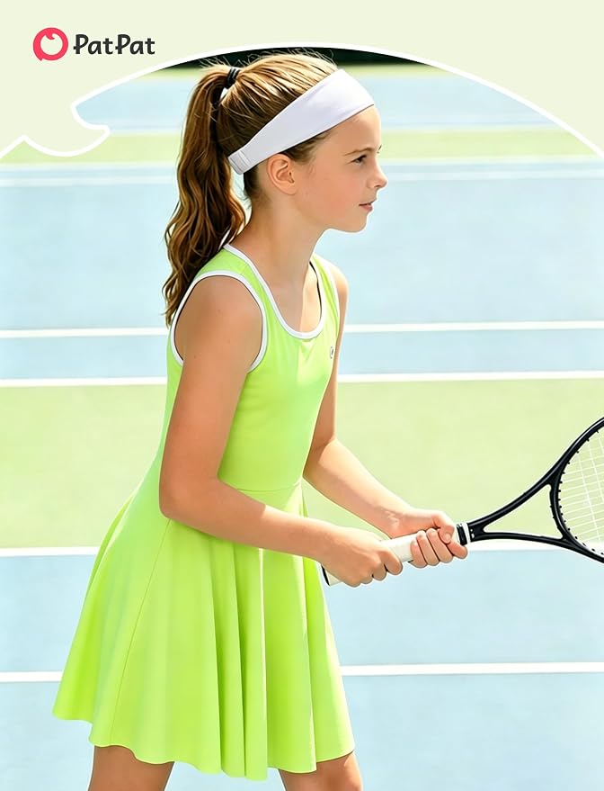 PATPAT Girls Athletic Dress Tennis Summer Outfit with Headband & Shorts | Quick-Dry RapidAir-C Fabric, Lightweight Breathable Golf Dress, Sweat-Wicking 2 Piece sets, Two Hidden Pockets